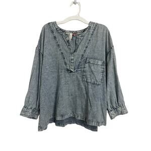 Anthropologie Pilcro Denim Henley Puff Sleeve Top Small Boho Festival Cottage